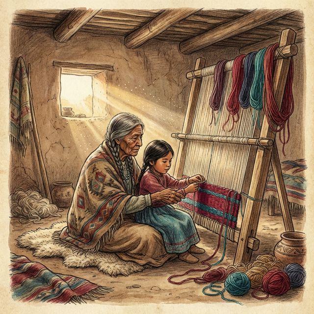 Navajo elders teach traditional weaving to younger generations.